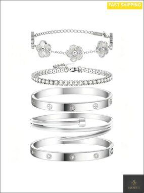 Stackable Silver Bracelets for Women 5 Sets Non-Tarnish Stainless Steel Bangle